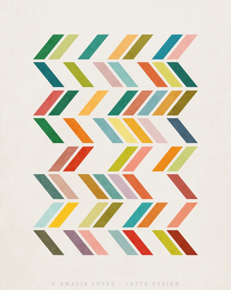 May include: Abstract geometric pattern with colorful chevron shapes in shades of green, blue, yellow, orange, red, pink, and brown. The pattern is repeated in a diagonal direction.