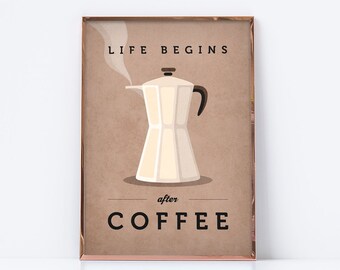 Life begins after coffee printable. Digital Download. Neutral kitchen decor, Boho Print, Neutral Wall Art, cream coffee printable