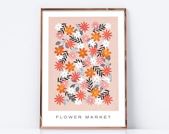 Pink and orange flowers printable. Digital download.  Pink flower market print. Pink and orange Floral Wall Art, pink boho print