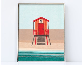 Beach hut 1. Digital download. Collage Beach hut print, beach hut art, beach hut illustration, Summer print, coastal printable