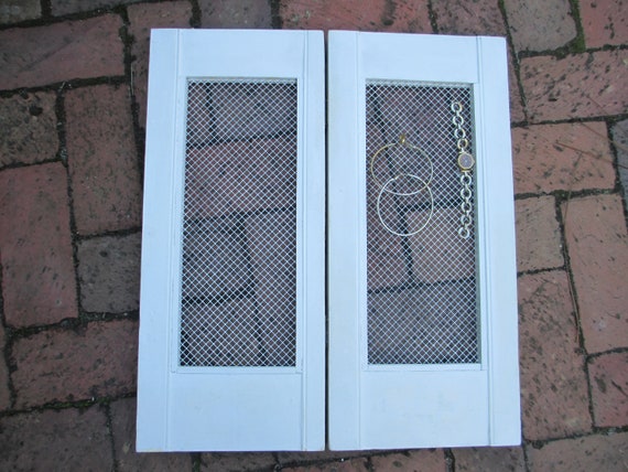 Two Hinged White Wooden Interior Window Shutters With Painted Galvanized Wire Inserts Brass Hinges
