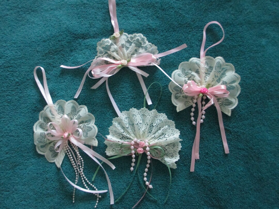 Magic Ribbons Fan 4 Lace Victorian Fans With Ribbons , Pearls , Rose Buds Valentines Day ...