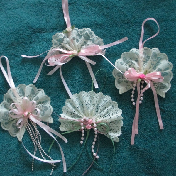 4 lace Victorian  fans with ribbons , pearls ,  rose buds  Valentines day or Christmas ornament.