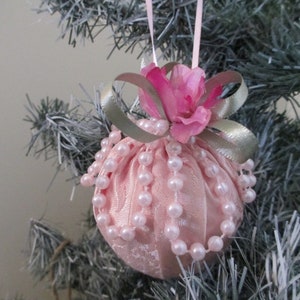 Pink brocade  round romantic shabby chic ornament with pink pearls, pink fabric flower and pink ribbon