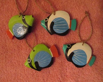 4 hand painted 3 " wood Fish ornaments for your summer  or Christmas decorating