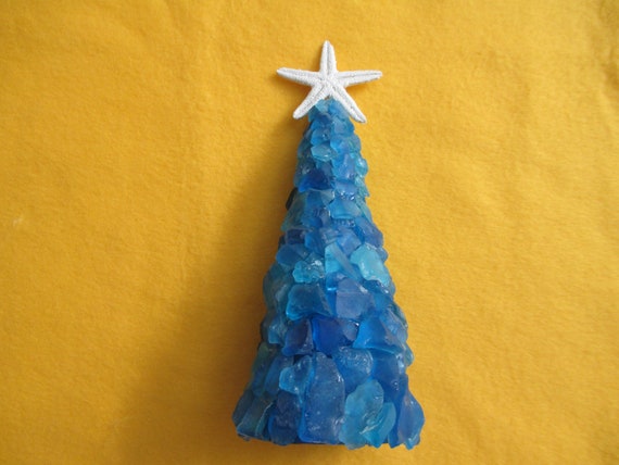 Cobalt And Medium Blue Sea Glass Beach Glass Nautical Christmas Tree For Tabletop Mantle Beach House With White Star Fish Topper