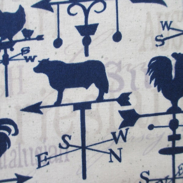 REDUCED  French Country Roosters by Barb Tourtillotte for Clothworks fabric with navy weather vanes