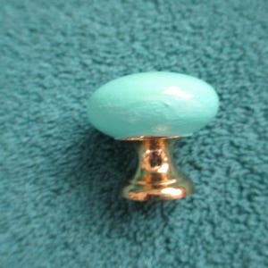 May include: A cabinet knob featuring a smooth, round, light turquoise top surface attached to a polished, reflective gold-toned metal base. The hardware has a classic mushroom shape with a glossy finish on the top and a metallic pedestal.