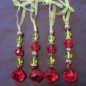 4 Red and lime green crystal beaded dangle Christmas ornaments BEFORE AFTER Christmas SALE