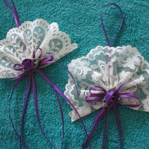 2 lace Victorian  fans with ribbons ,  rose buds  Valentines day or Christmas ornament.