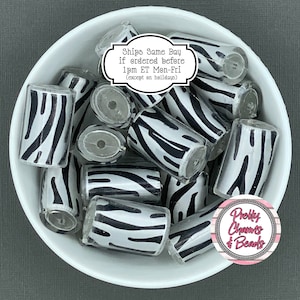 Chunky Resin Black & White Zebra Print Fabric Oval Tube Beads