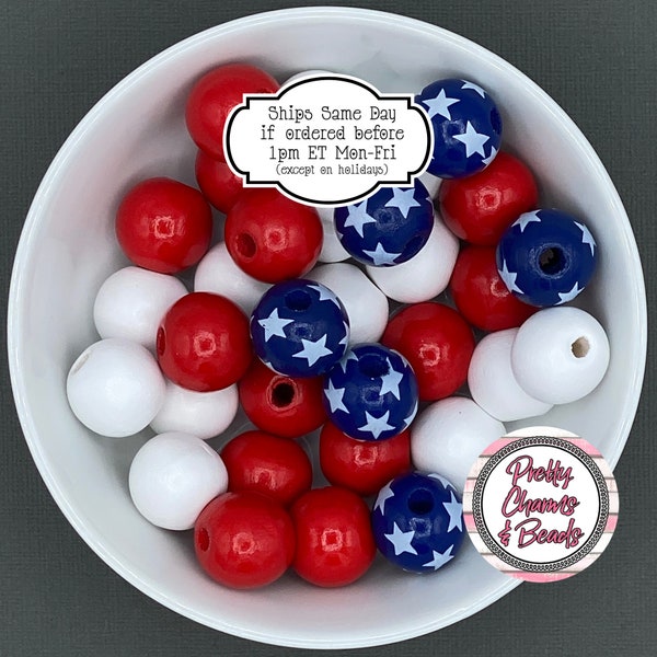 Patriotic Wood Bead Mix with White Stars for Garland, Ornaments, Keychains and Jewelry