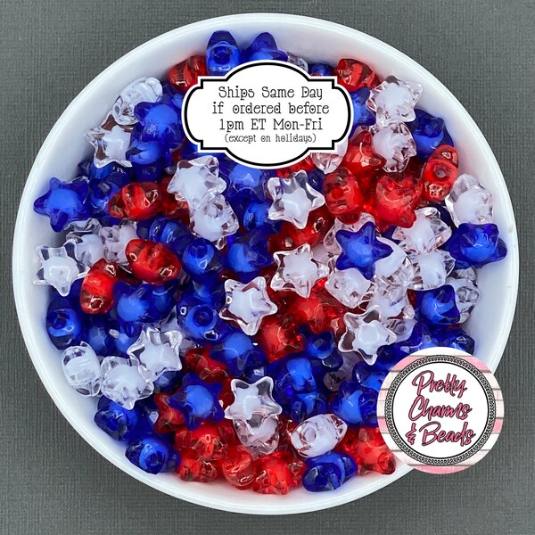 Patriotic Red White & Blue, Acrylic Transparent Star Bead Mix for Jewelry, Ornaments and Keychains