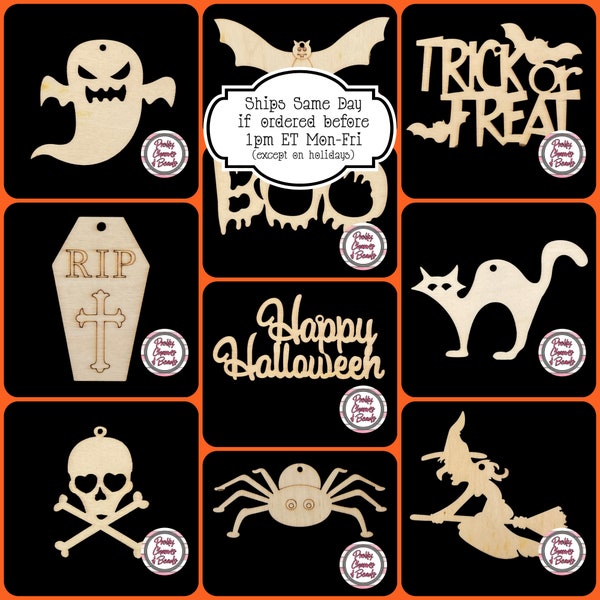 Halloween Theme Set of 10, Unfinished Wooden Ornaments for Crafts, DIY Beaded Garland and Gift Bag Tags