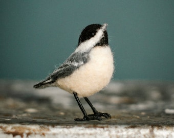 Needle felted chickadee on feet