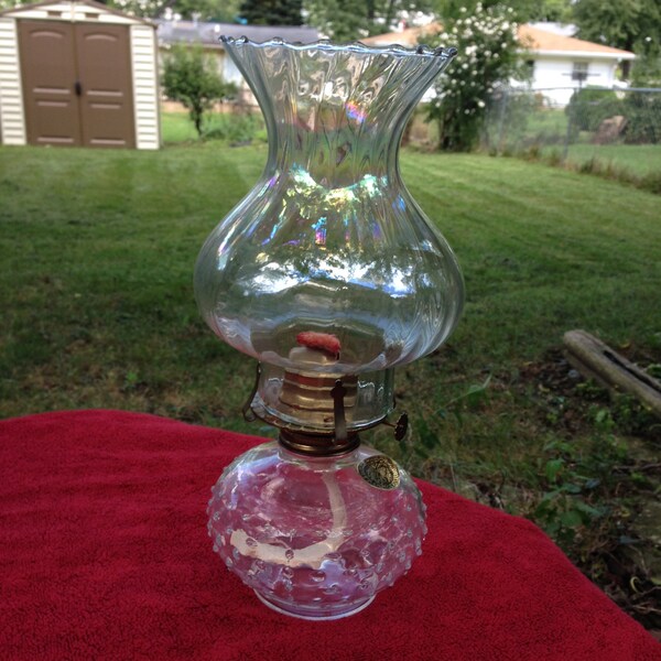 Lamplight Farms Oil Lamp clear glass wick holder hobnail design chimney 11" tall