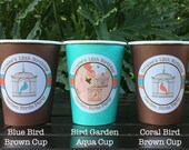 Garden Birds Birthday Party Beverage Cups Paper Girl Coral Teal Birdcage 1st 2nd 3rd 4th 5th 12th 21st Boogie Bear Invitations Coralee Theme