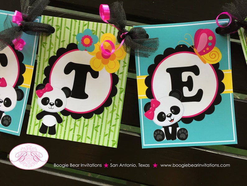 Pink Panda Bear Birthday Party Banner Small Black Blue Green Tropical Jungle Stripe Girl 1st 2nd 3rd Boogie Bear Invitations Jeanette Theme