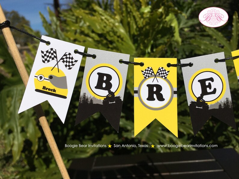 ATV Birthday Party Pennant Cake Banner Topper Flag Yellow Black 1st 2nd 3rd 4th 5th 6th 7th 8th 9th 10th Boogie Bear Invitations Breck Theme