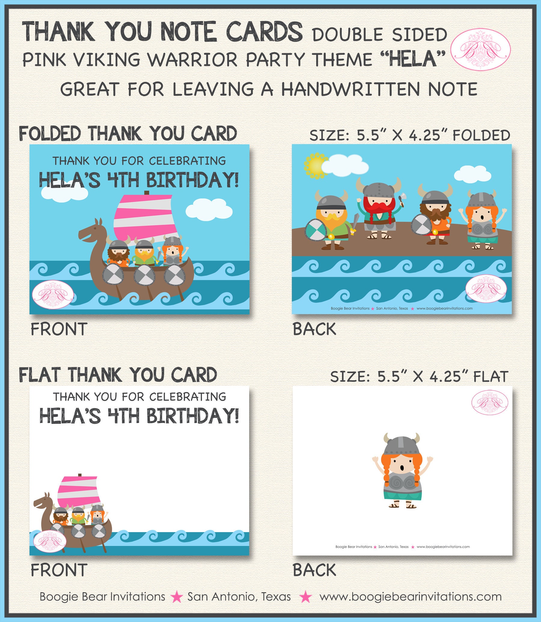 Pink Viking Warrior Party Thank You Card Birthday Girl Ocean - Etsy