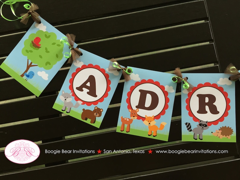 Woodland Animals Baby Shower Party Banner Birthday Deer Bird Green Fox Boy Girl 1st 2nd 3rd 4th 5th 6th Boogie Bear Invitations Adrian Theme