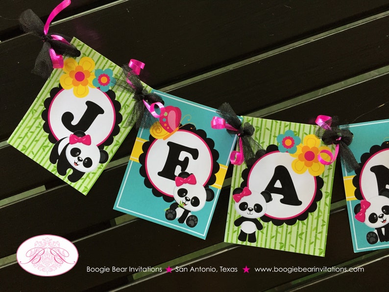 Pink Panda Bear Birthday Party Banner Small Black Blue Green Tropical Jungle Stripe Girl 1st 2nd 3rd Boogie Bear Invitations Jeanette Theme