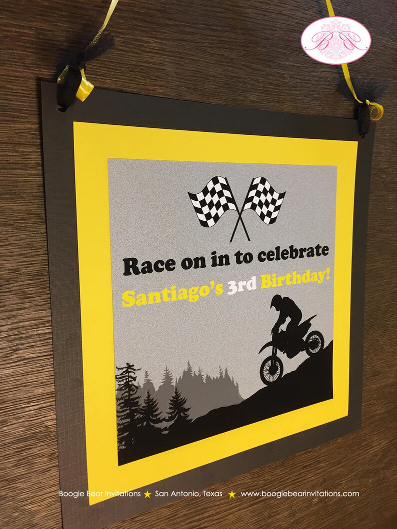Dirt Bike Birthday Party Door Banner Off Road Boy Girl Yellow 1st 3rd 4th 5th 6th 7th 8th 9th 10th Boogie Bear Invitations Santiago Theme