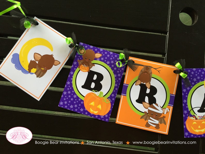 Halloween Bat Birthday Party Name Banner Little Girl Boy Fall Pumpkin Full Moon Stars Mummy 1st 2nd 3rd Boogie Bear Invitations Bram Theme