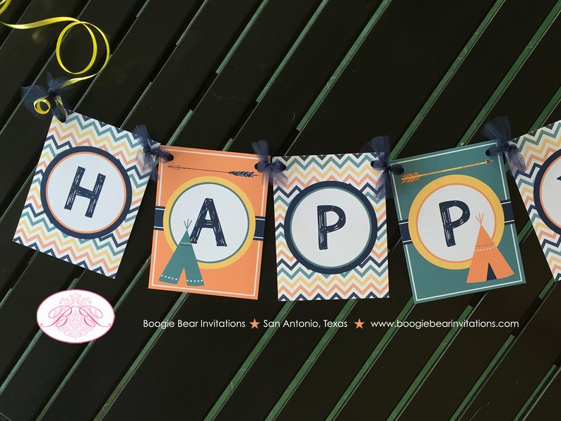 Teepee Arrow Happy Birthday Party Banner Chevron Orange Navy Blue Green Yellow Boy Girl 1st 2nd 3rd 4th Boogie Bear Invitations Tate Theme