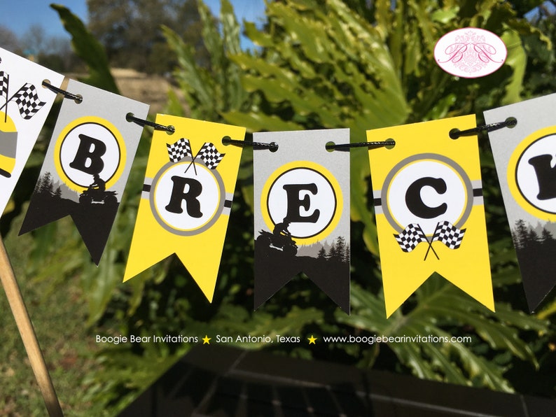 ATV Birthday Party Pennant Cake Banner Topper Flag Yellow Black 1st 2nd 3rd 4th 5th 6th 7th 8th 9th 10th Boogie Bear Invitations Breck Theme