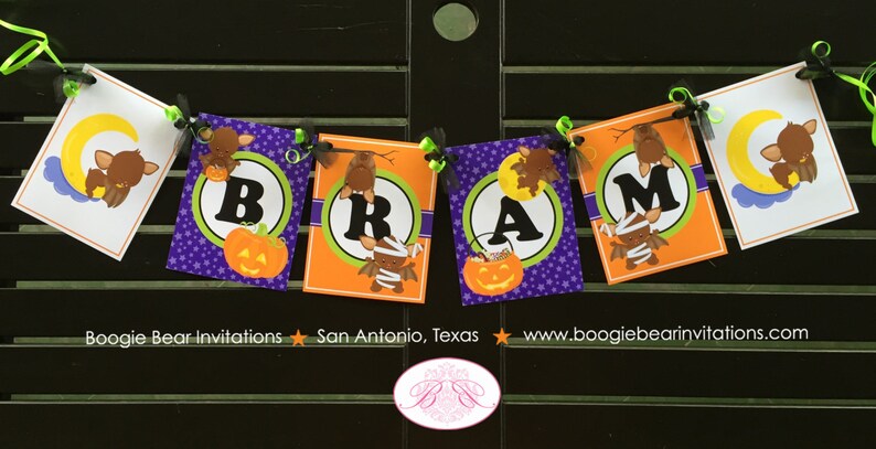 Halloween Bat Birthday Party Name Banner Little Girl Boy Fall Pumpkin Full Moon Stars Mummy 1st 2nd 3rd Boogie Bear Invitations Bram Theme