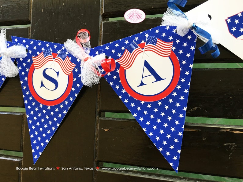 4th of July Independence Day Pennant I am 1 Banner Party Highchair Red White Blue Flag Stars Stripes Boogie Bear Invitations Hamilton Theme
