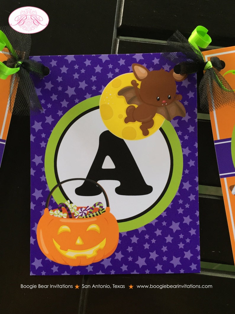 Halloween Bat Birthday Party Name Banner Little Girl Boy Fall Pumpkin Full Moon Stars Mummy 1st 2nd 3rd Boogie Bear Invitations Bram Theme