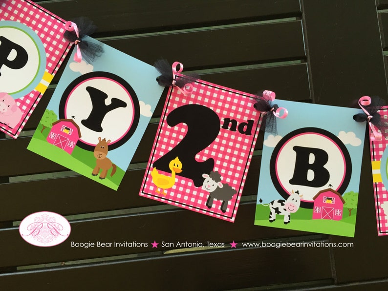Pink Farm Animals Birthday Party Banner Happy Petting Zoo Fall Barn Girl 1st 2nd 3rd 4th 5th 6th 7th Boogie Bear Invitations Paisley Theme