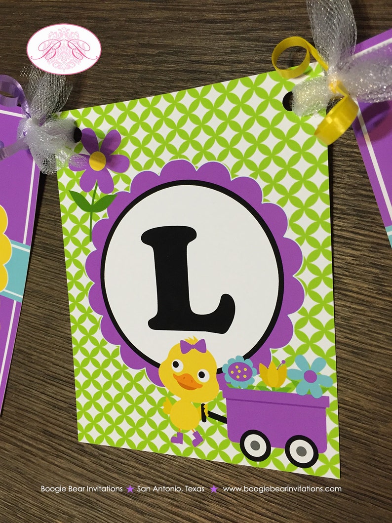 Frog Duck Birthday Party Name Banner Purple Girl Spring Flower Gardening Green 1st 2nd 3rd 4th 5th Boogie Bear Invitations Charlene Theme