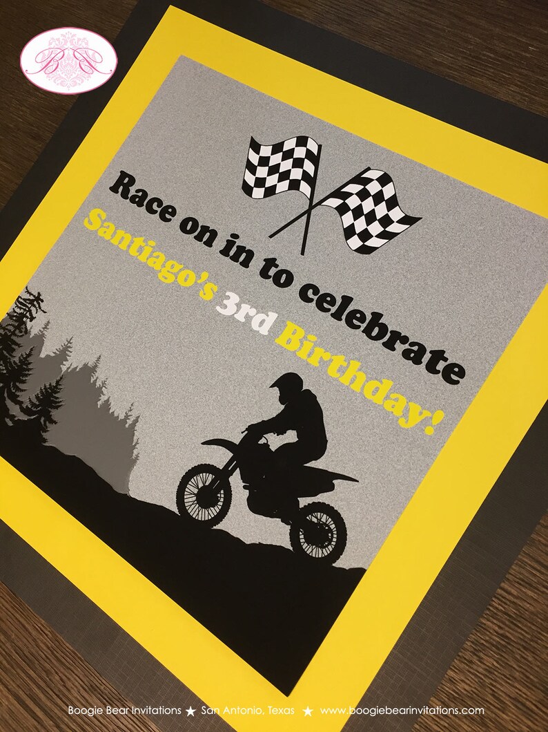 Dirt Bike Birthday Party Door Banner Off Road Boy Girl Yellow 1st 3rd 4th 5th 6th 7th 8th 9th 10th Boogie Bear Invitations Santiago Theme