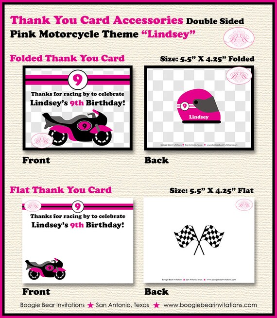 Pink Motorcycle Party Thank You Card Birthday Racing Girl 1st Etsy etsy
