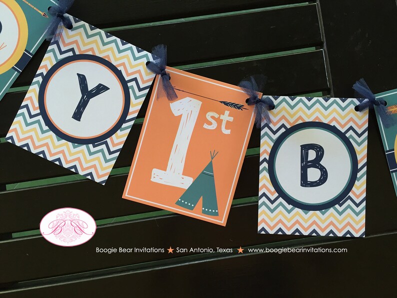 Teepee Arrow Happy Birthday Party Banner Chevron Orange Navy Blue Green Yellow Boy Girl 1st 2nd 3rd 4th Boogie Bear Invitations Tate Theme