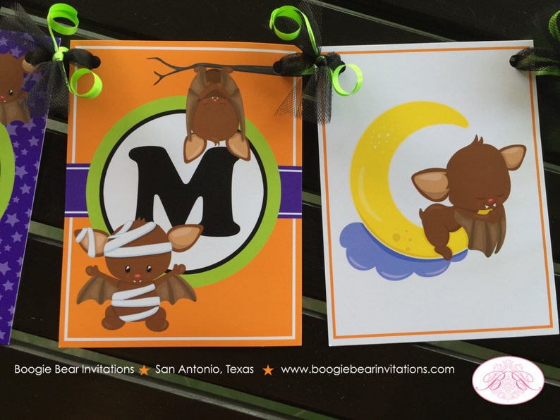 Halloween Bat Birthday Party Name Banner Little Girl Boy Fall Pumpkin Full Moon Stars Mummy 1st 2nd 3rd Boogie Bear Invitations Bram Theme