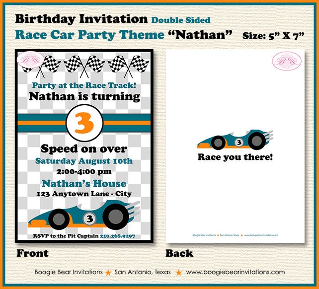 race car birthday party invitation orange teal 1st 2nd 3rd 4th 5th