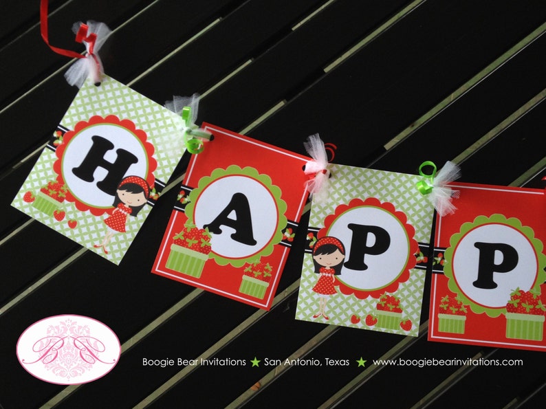 Strawberry Girl Happy Birthday Party Banner Red Green Orchard Summer Outdoors 1st 4th 5th 6th 7th 8th Boogie Bear Invitations Katie Theme