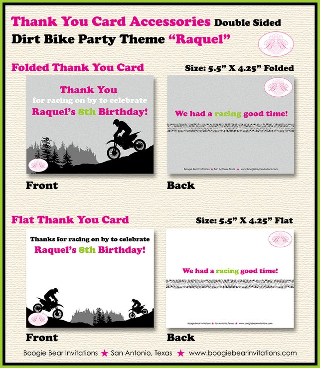 dirt bike birthday party thank you card pink lime green black 1st dirt bike birthday invitations