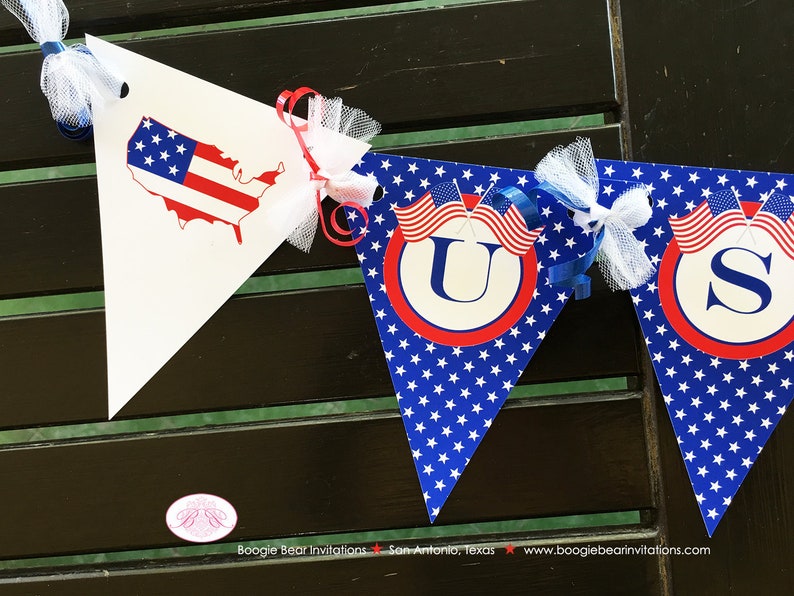 4th of July Independence Day Pennant I am 1 Banner Party Highchair Red White Blue Flag Stars Stripes Boogie Bear Invitations Hamilton Theme