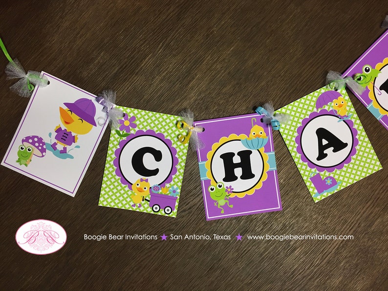 Frog Duck Birthday Party Name Banner Purple Girl Spring Flower Gardening Green 1st 2nd 3rd 4th 5th Boogie Bear Invitations Charlene Theme