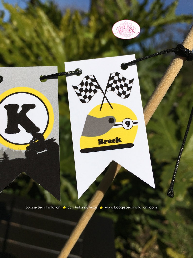 ATV Birthday Party Pennant Cake Banner Topper Flag Yellow Black 1st 2nd 3rd 4th 5th 6th 7th 8th 9th 10th Boogie Bear Invitations Breck Theme