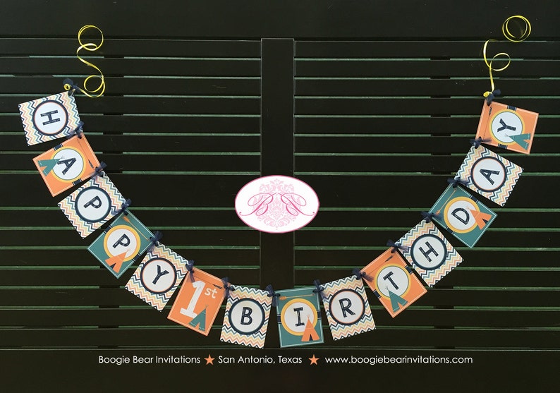 Teepee Arrow Happy Birthday Party Banner Chevron Orange Navy Blue Green Yellow Boy Girl 1st 2nd 3rd 4th Boogie Bear Invitations Tate Theme
