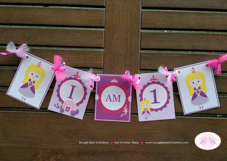 Princess I am 1 Birthday Highchair Banner Magic Fairy Girl Purple Pink Royal Star Crown 1st 2nd 3rd 4th Boogie Bear Invitations Lauren Theme