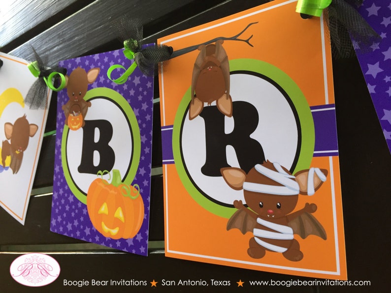 Halloween Bat Birthday Party Name Banner Little Girl Boy Fall Pumpkin Full Moon Stars Mummy 1st 2nd 3rd Boogie Bear Invitations Bram Theme