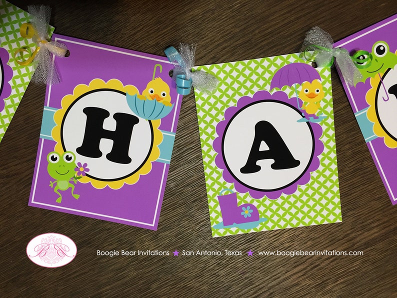Frog Duck Birthday Party Name Banner Purple Girl Spring Flower Gardening Green 1st 2nd 3rd 4th 5th Boogie Bear Invitations Charlene Theme