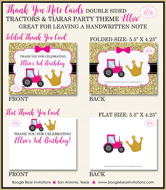 Tractors Tiaras Party Thank You Card Birthday Note Pink Gold Etsy